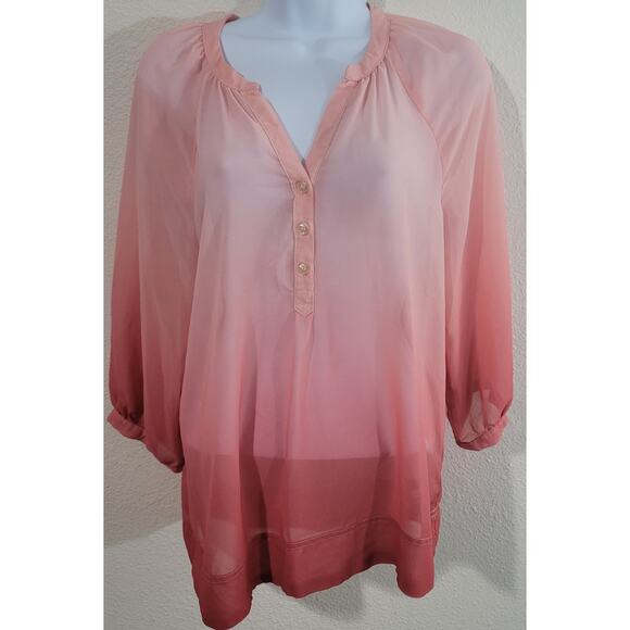New York & Co. Orange Ombre Sheer Top Small Band Collar V Neck LIghtweight - Picture 1 of 5
